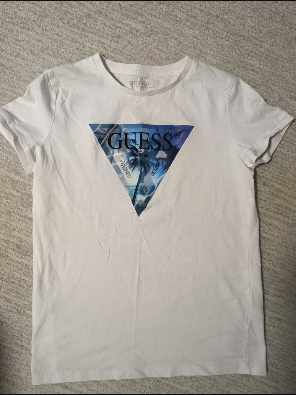 GUESS White Tee with Blue Gradient Triangle Logo